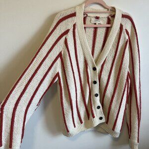 The Great Cardigan - red & cream striped knit, fisherman style. Great fit!